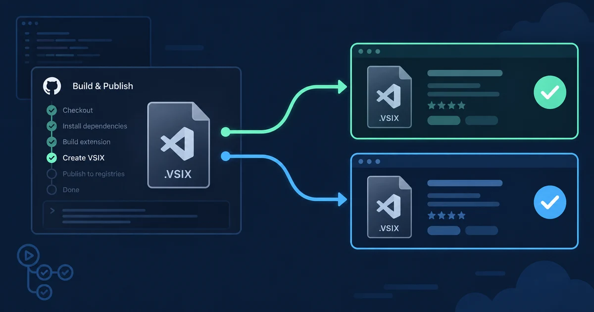One VSIX artifact branches from a build workflow to two registry listings with matching publication checks.